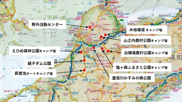 松山近郊キャンプ場地図